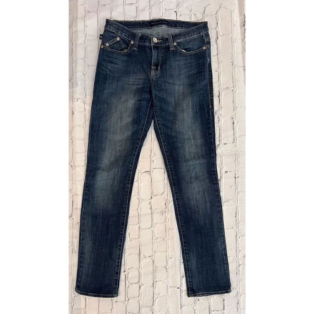 Rock & Republic Women's 10 Slim Straight Jeans Logo Pockets Dark Blue Denim
